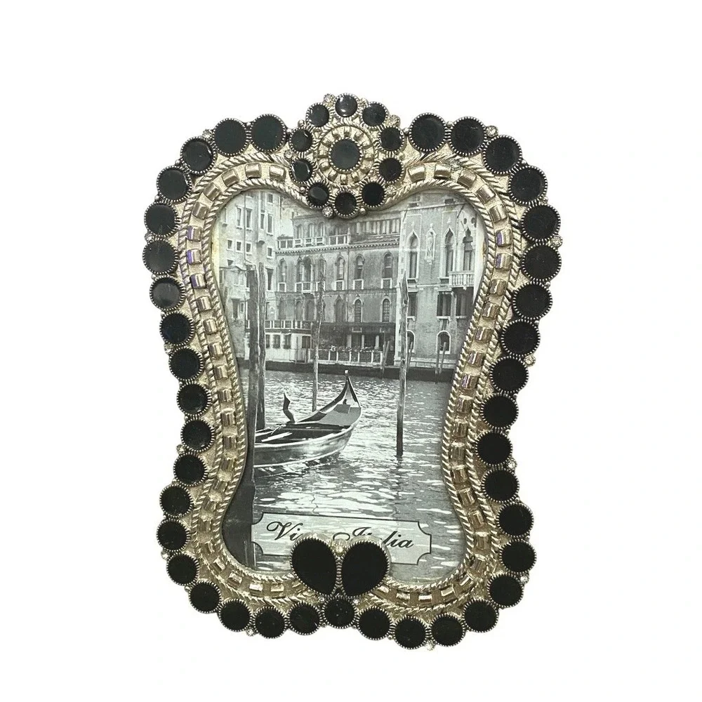 Vintage Ornate Silver Tone Black Jeweled 4x6 Picture‎ Frame Rhinestone Tabletop